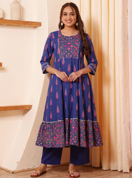 Soft Cotton Mughal Print Anarkali Purple Kurta