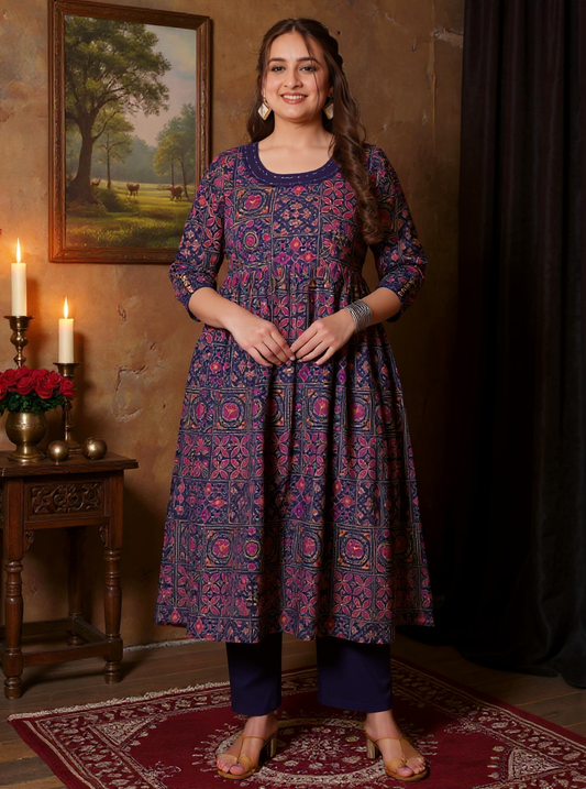 Soft Cotton Geometric Flared Navy Blue Kurta