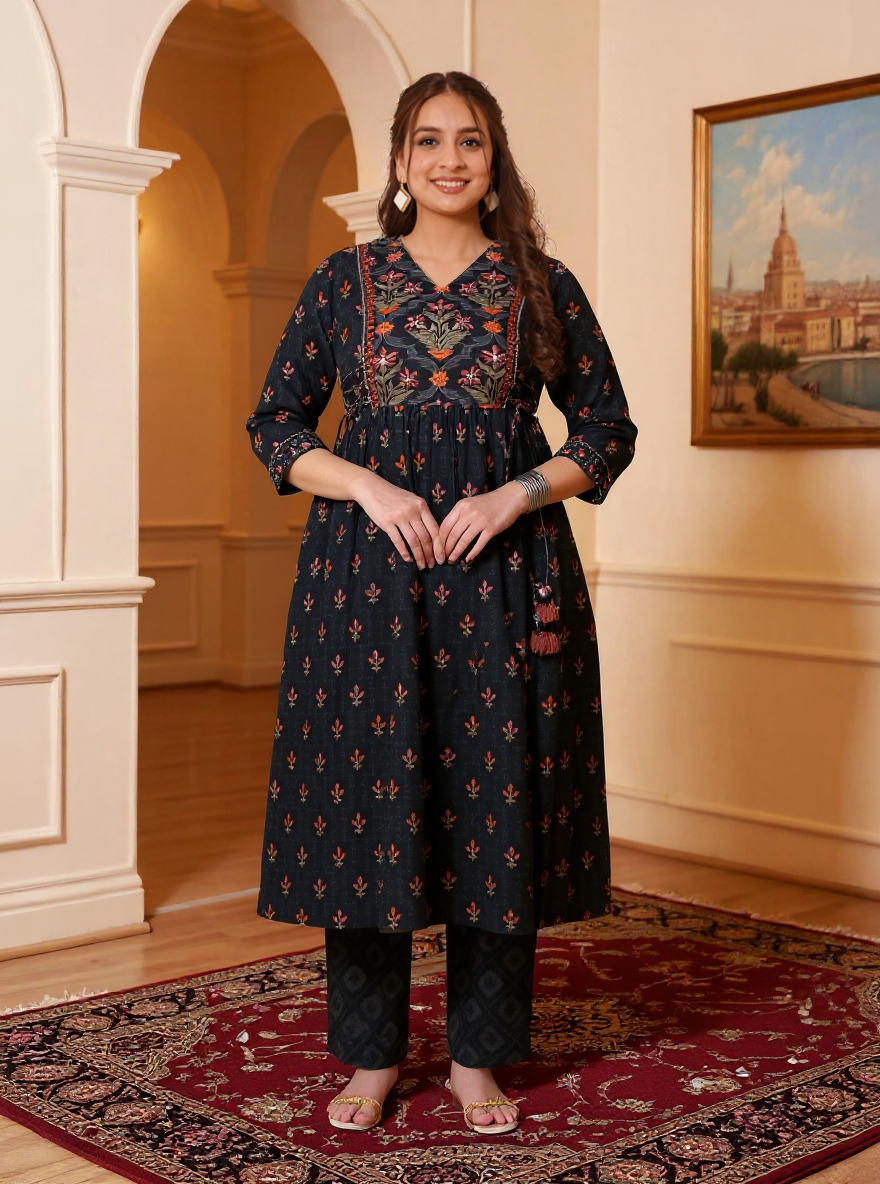 Soft Cotton Floral Flared Black Kurta
