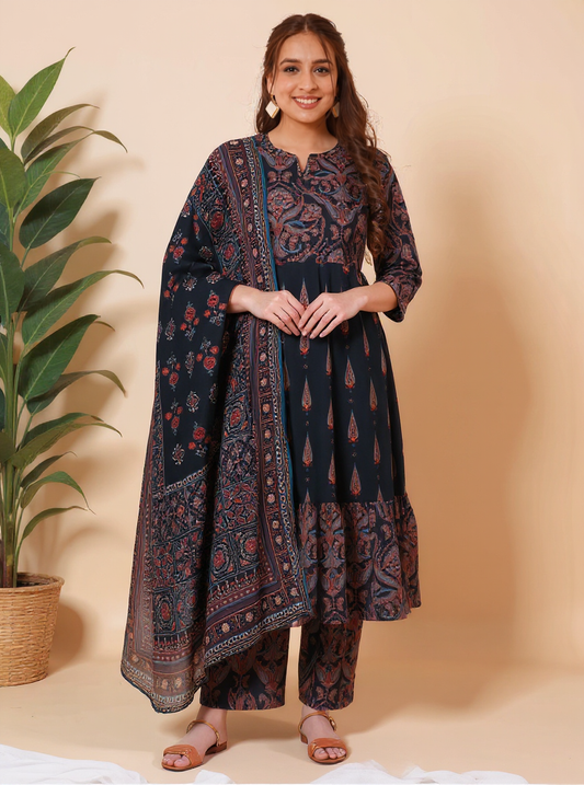 Soft Cotton Geometric Anarkali Black Kurta