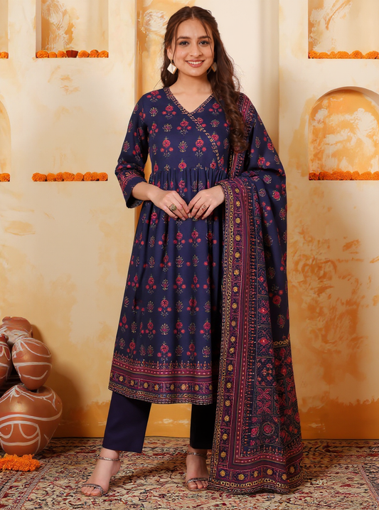 Soft Cotton Geometric Angrakha Purple Kurta