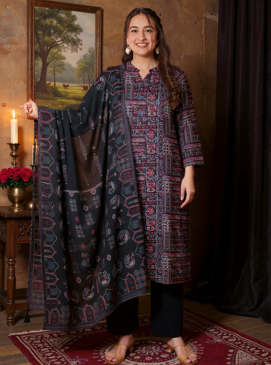 Viscose Patchwork Straight Black Kurta