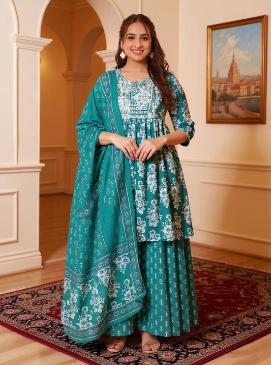 Embroidered Soft Cotton Floral Flared Green Kurta