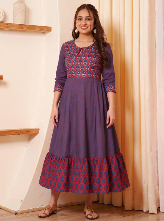 Embroidered Soft Cotton Butti Anarkali Red Dress