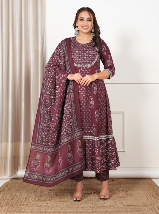 Embroidered Soft Cotton Floral Anarkali Maroon Kurta