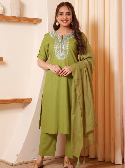 Embroidered Soft Cotton Solid Straight Green Kurta