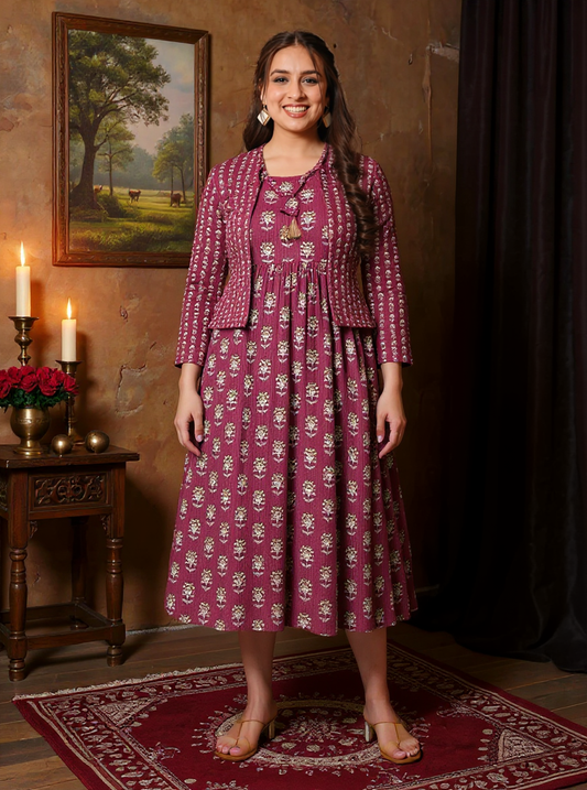 Kantha Cotton Floral Gathered Purple Dress with Necklace