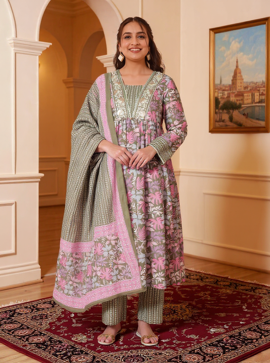 Embroidered Soft Cotton Floral Anarkali Green Kurta