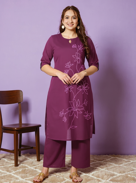Embroidered Soft Cotton Solid Straight Wine Kurta