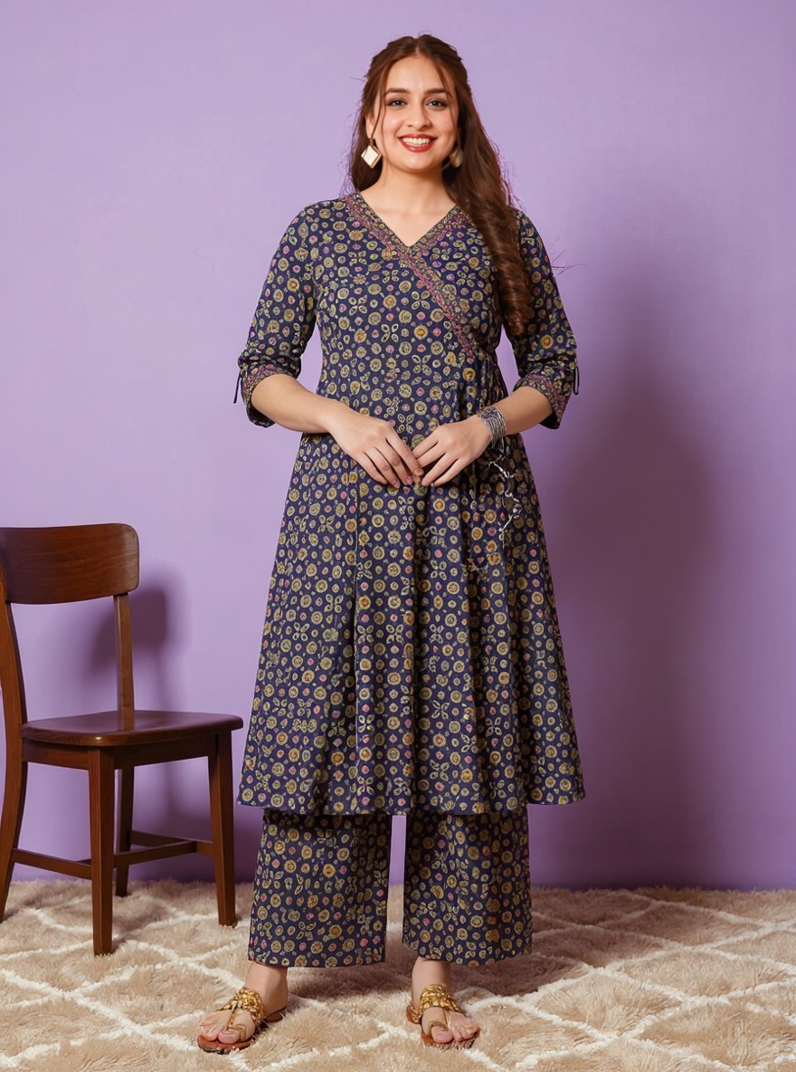 Soft Cotton Geometric Angrakha Navy Blue Kurta