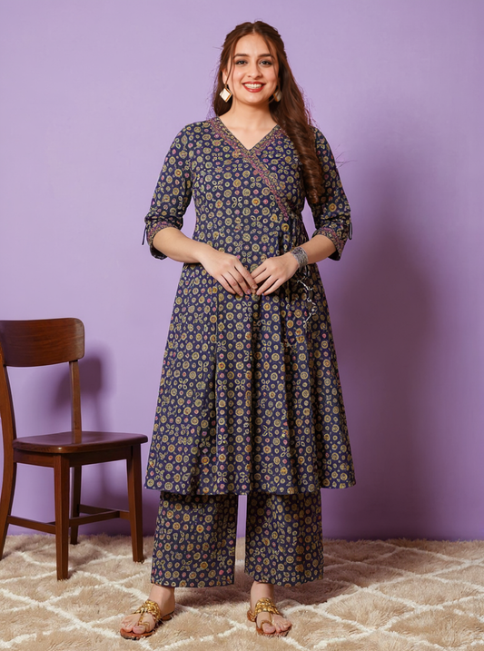 Soft Cotton Geometric Angrakha Navy Blue Kurta