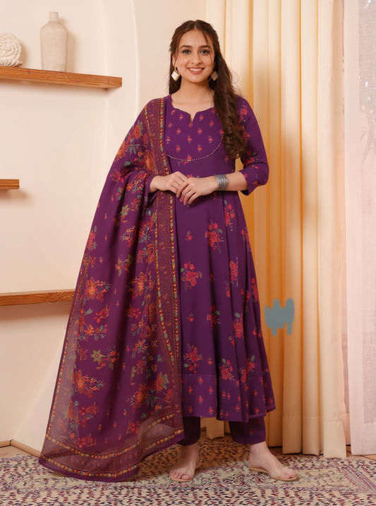 Embroidered Viscose Floral Anarkali Maroon Kurta