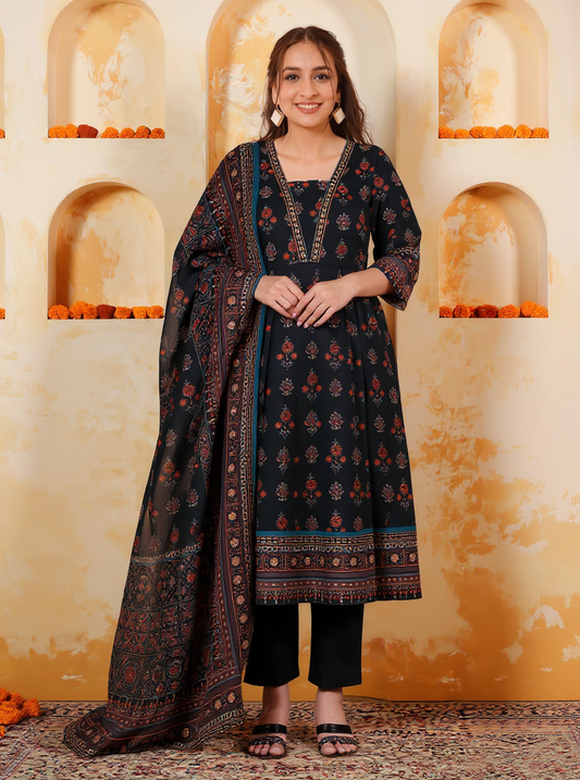 Soft Cotton Geometric Anarkali Black Kurta