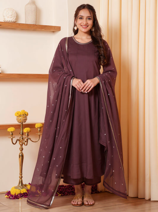 Embroidered Cotton Voile Solid Anarkali Brown Kurta