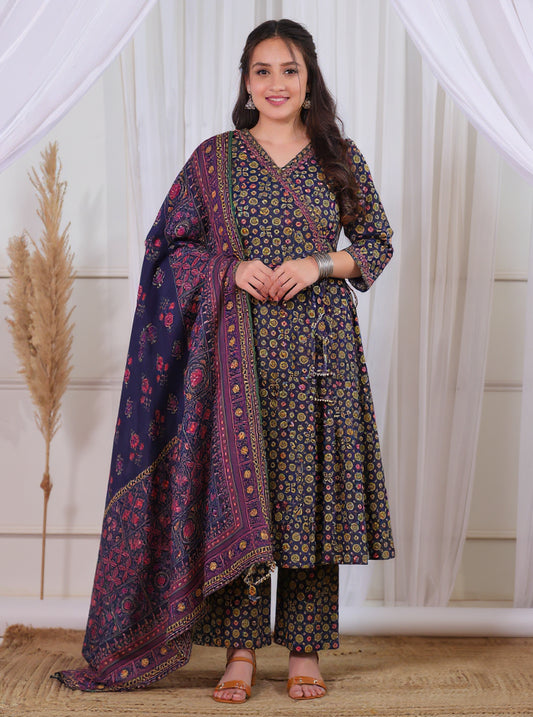 Soft Cotton Geometric Angrakha Navy Blue Kurta