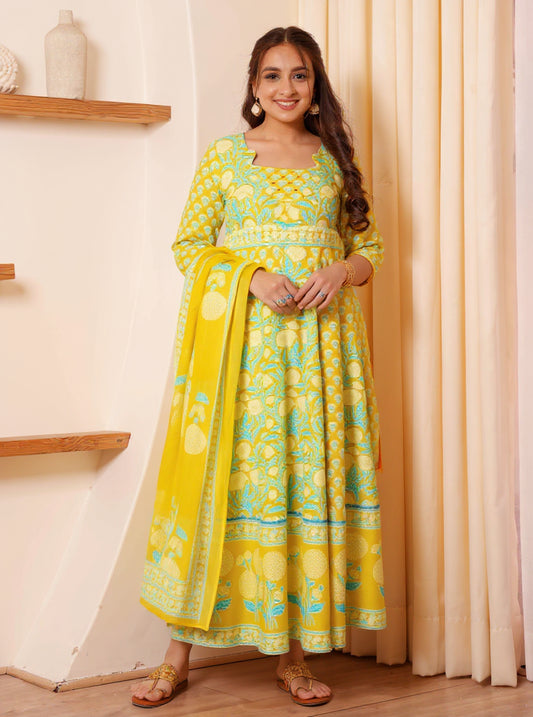 Embroidered Soft Cotton Floral Flared Lemon Yellow Kurta
