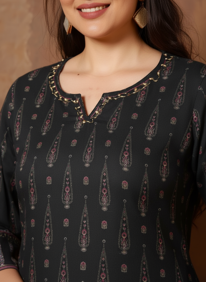 Embroidered Viscose Butta Straight Black Kurti