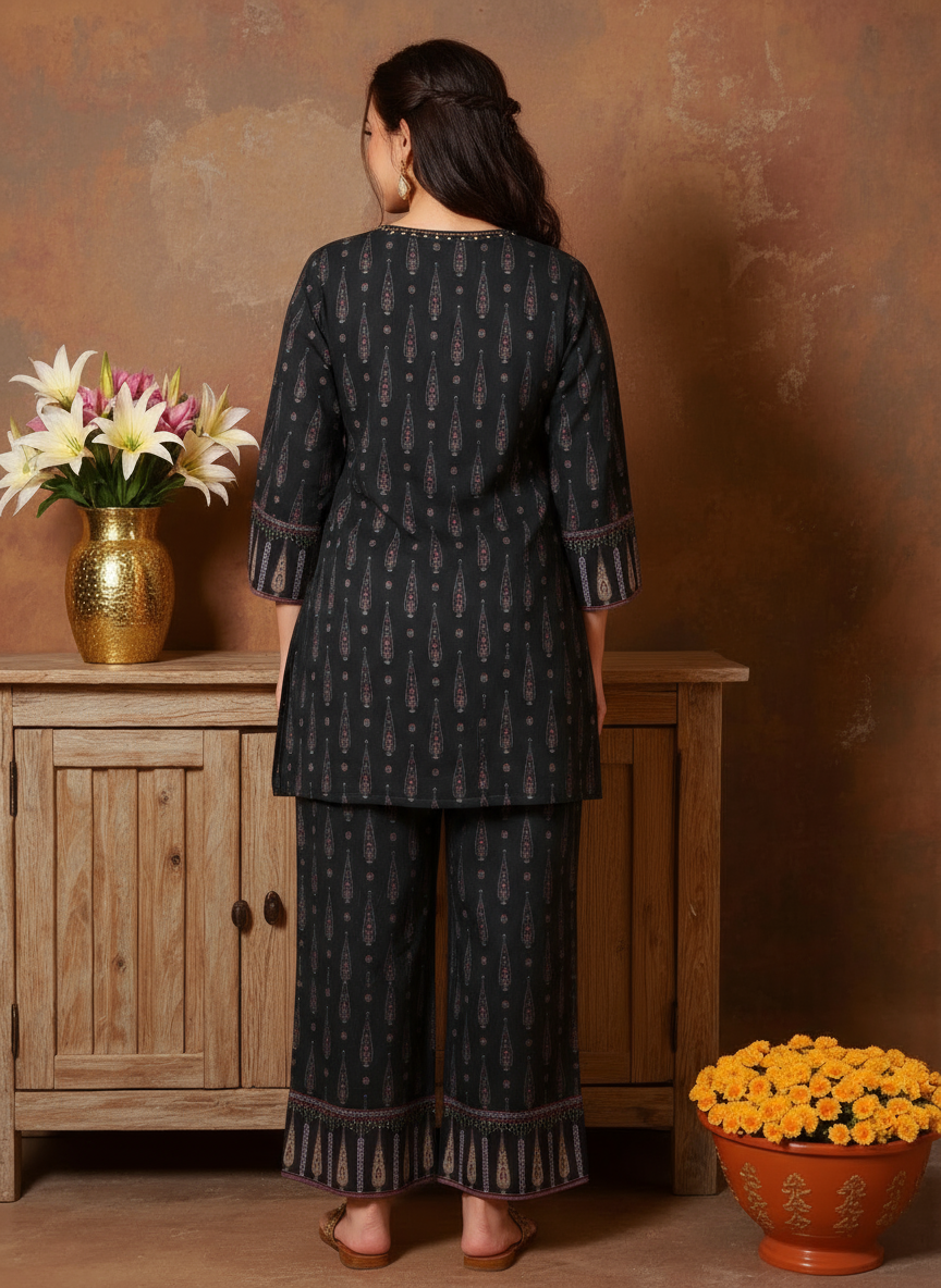 Embroidered Viscose Butta Straight Black Kurti