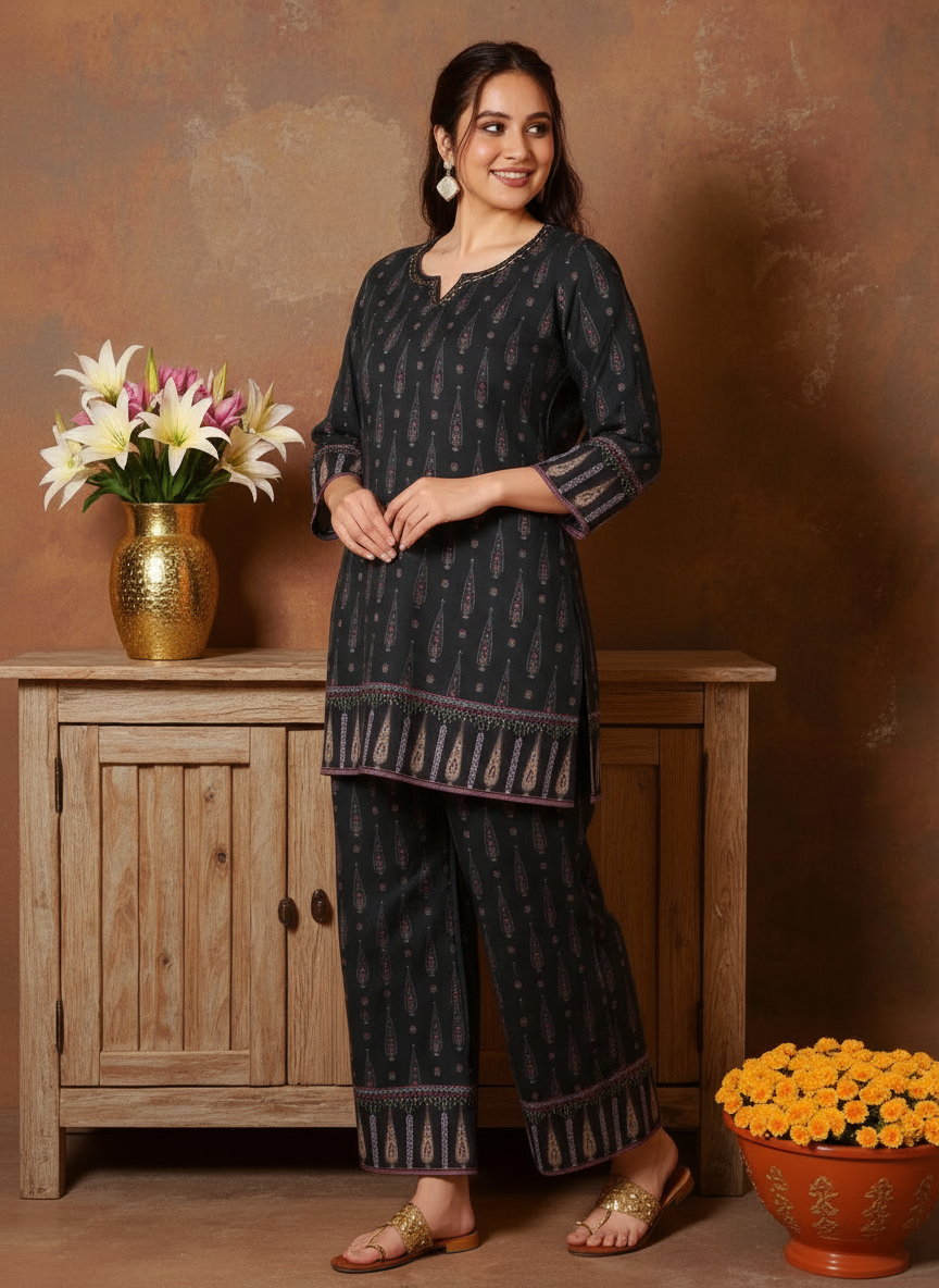 Embroidered Viscose Butta Straight Black Kurti