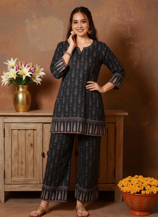 Embroidered Viscose Butta Straight Black Kurti