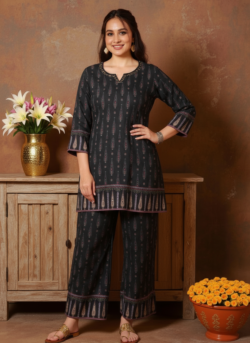 Embroidered Viscose Butta Straight Black Kurti