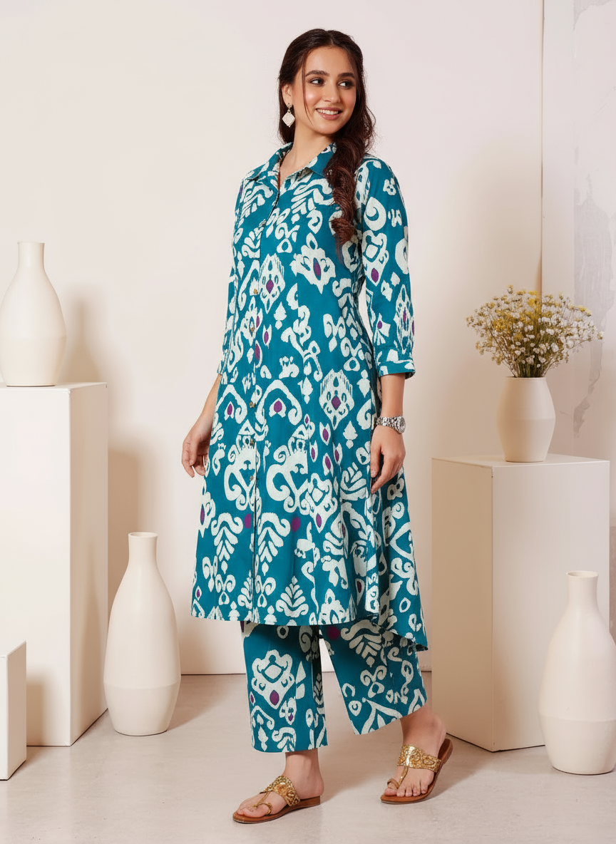 Soft Cotton Ikat High Low Blue Kurta