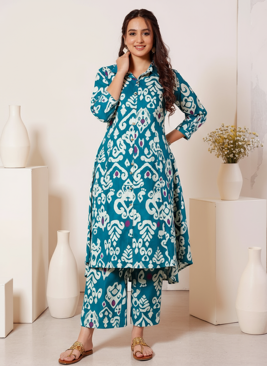 Soft Cotton Ikat High Low Blue Kurta