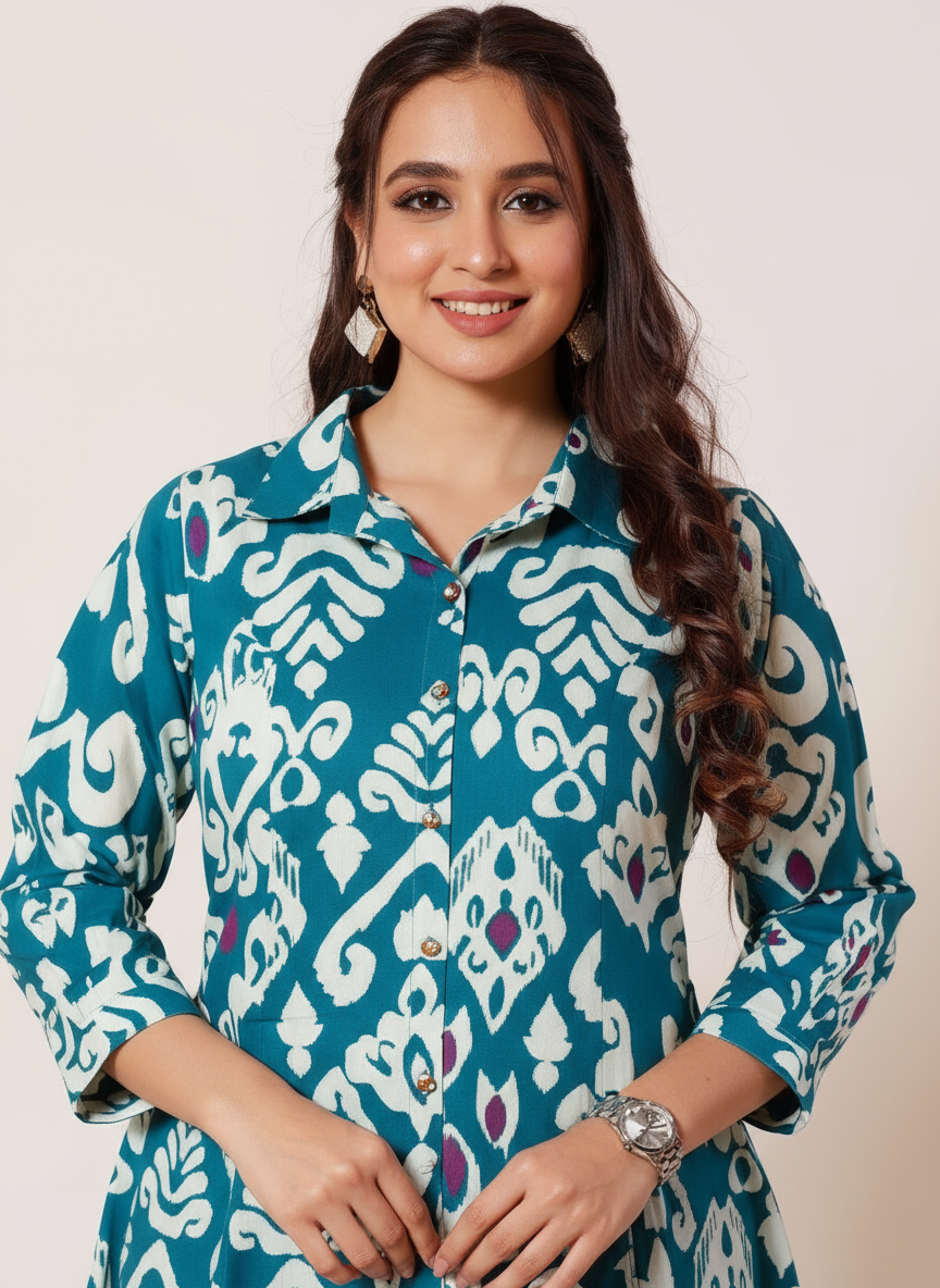 Soft Cotton Ikat High Low Blue Kurta