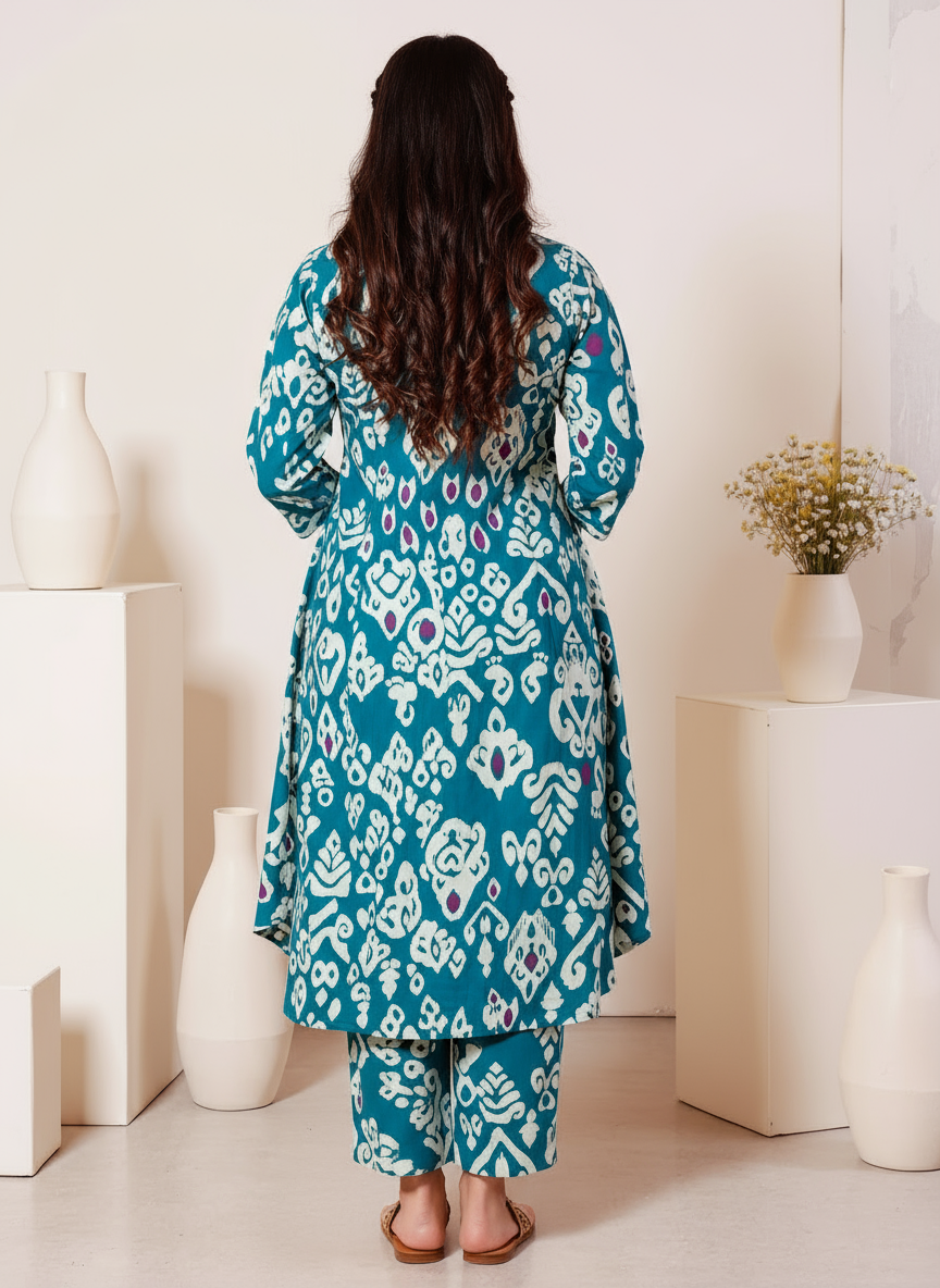 Soft Cotton Ikat High Low Blue Kurta