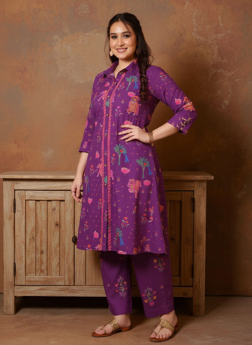 Soft Cotton Pichwai High Low Purple Kurta