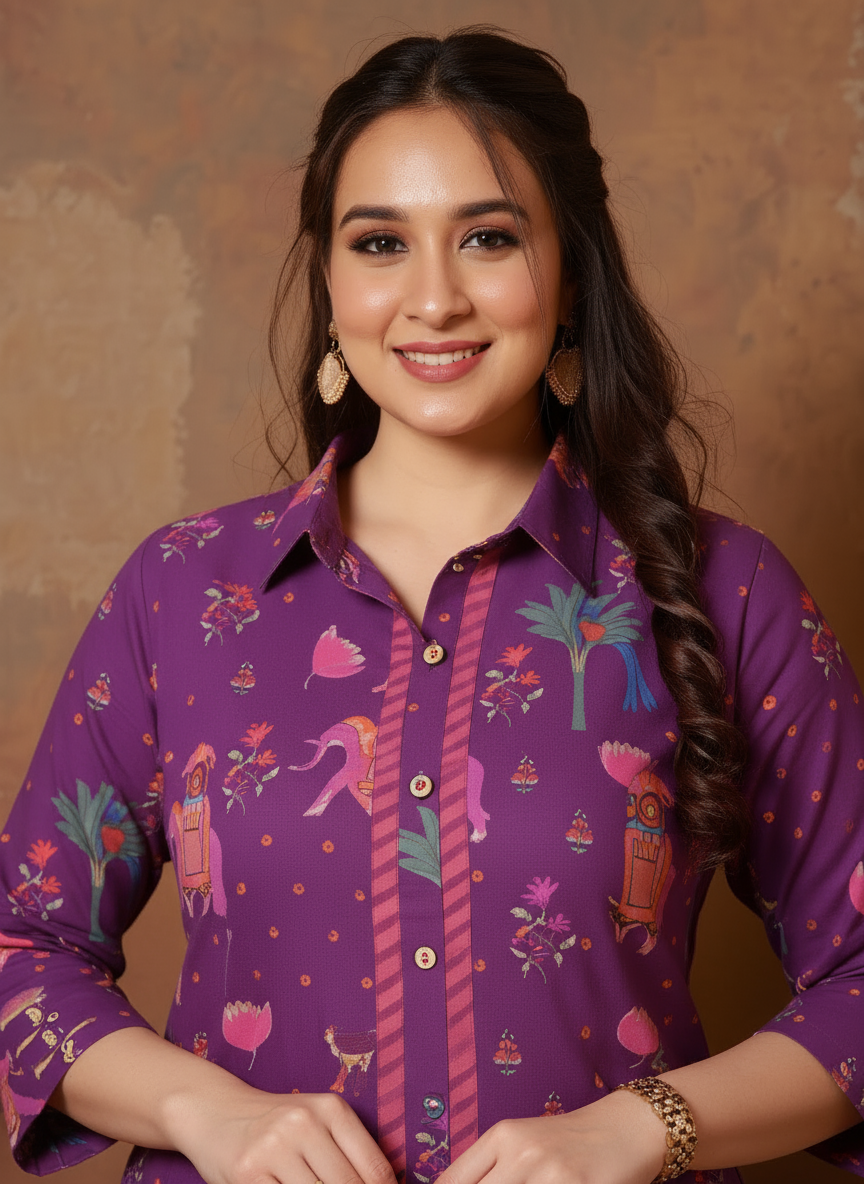 Soft Cotton Pichwai High Low Purple Kurta