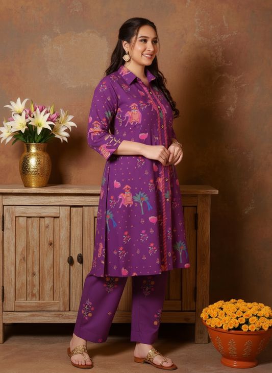 Soft Cotton Pichwai High Low Purple Kurta
