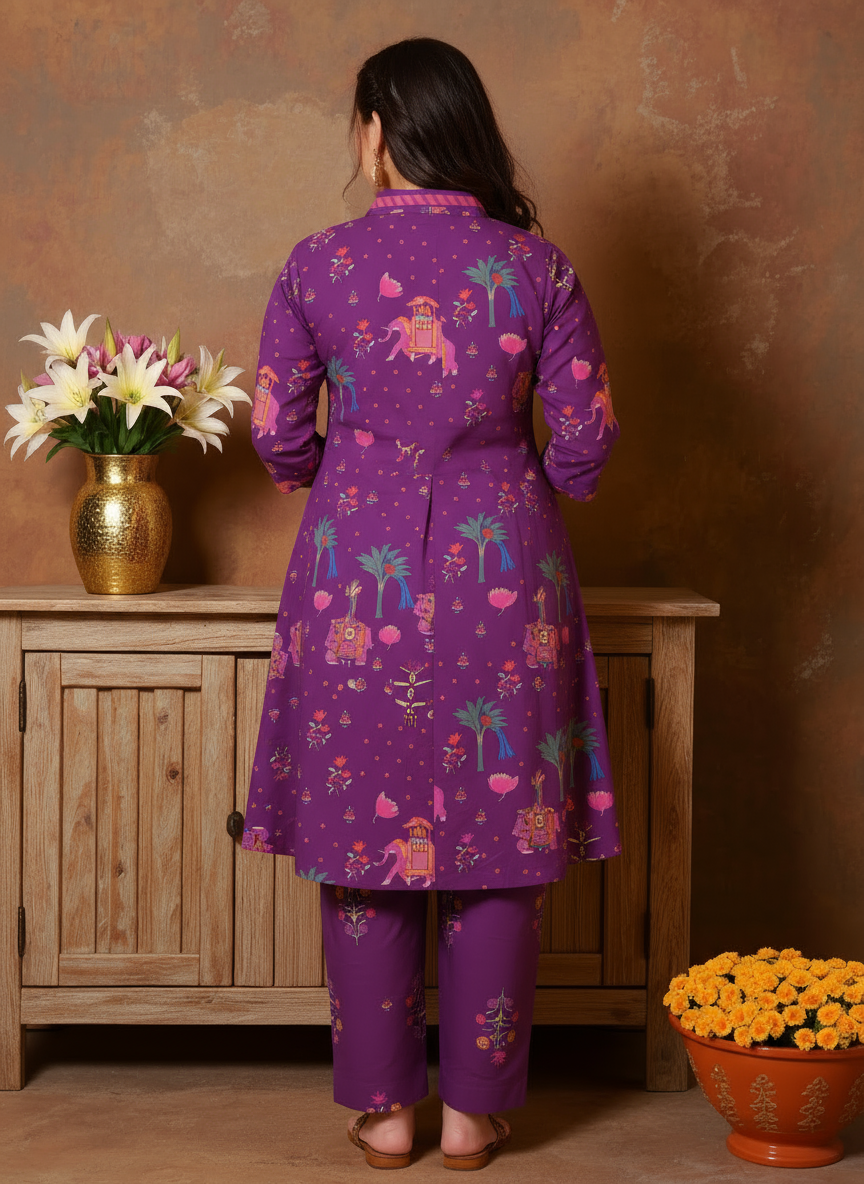 Soft Cotton Pichwai High Low Purple Kurta