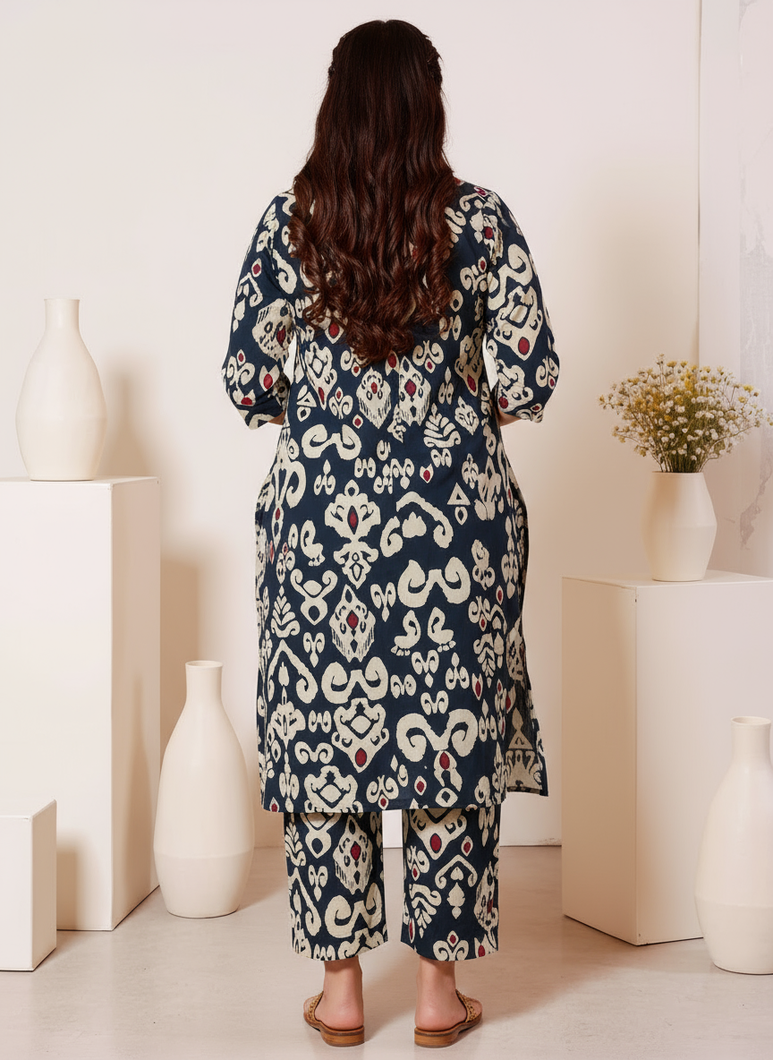 Soft Cotton Ikat Straight Blue Kurta