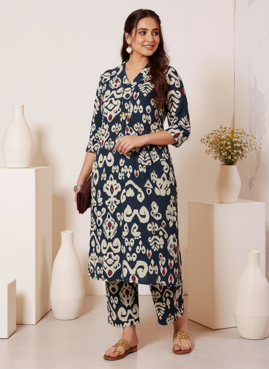 Soft Cotton Ikat Straight Blue Kurta