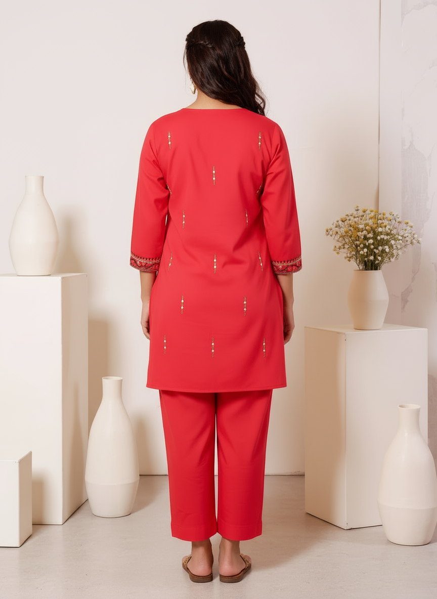 Embroidered Soft Cotton Solid Straight Red Kurta