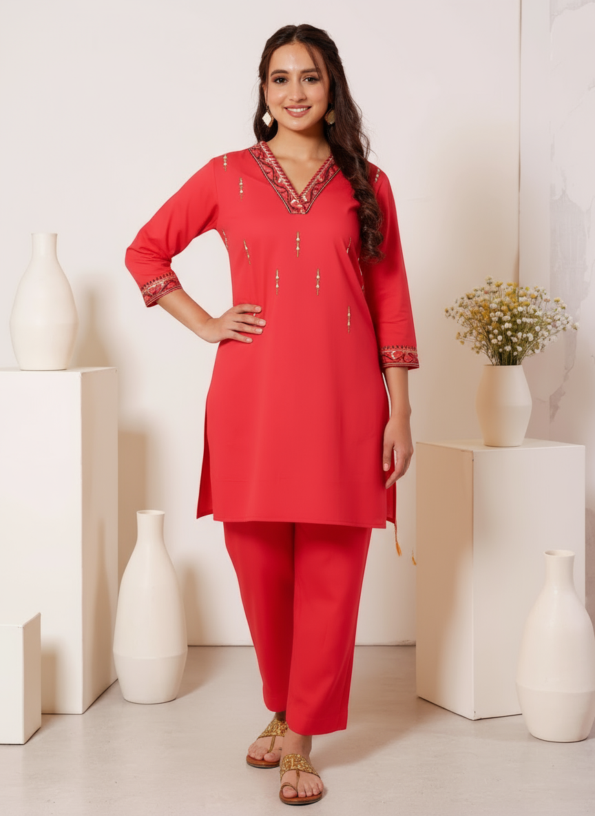 Embroidered Soft Cotton Solid Straight Red Kurta