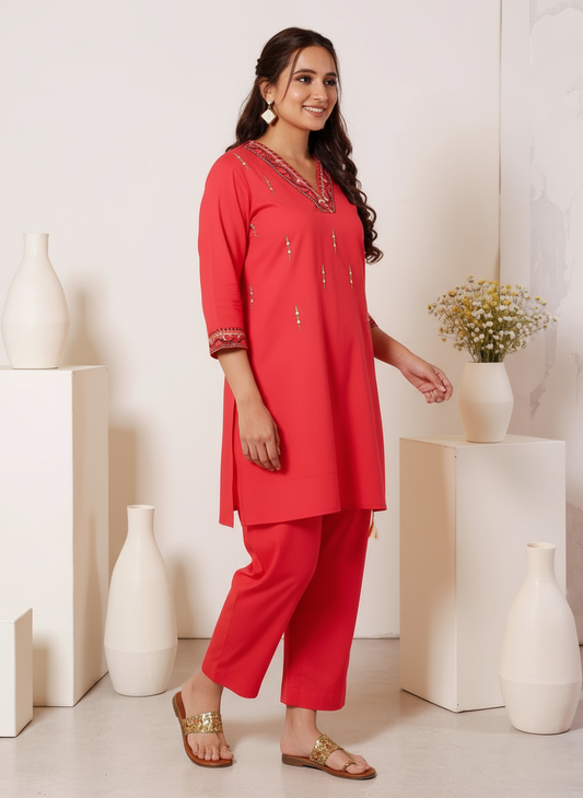 Embroidered Soft Cotton Solid Straight Red Kurta