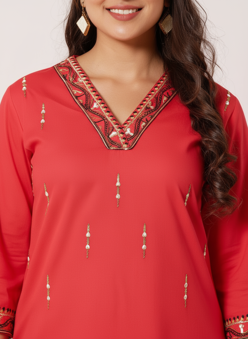 Embroidered Soft Cotton Solid Straight Red Kurta