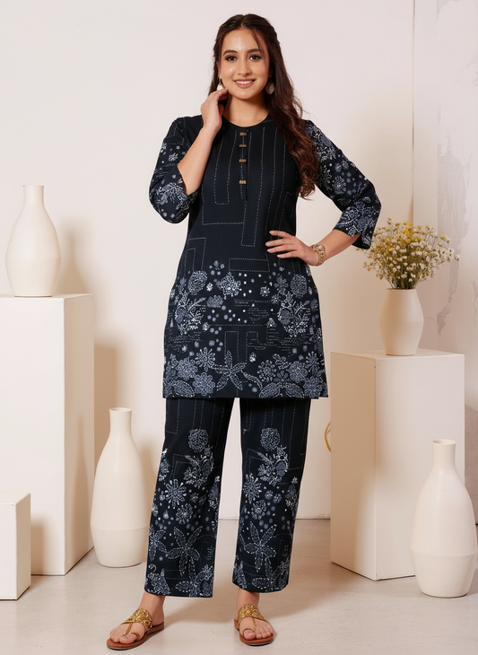 Soft Cotton Placement Print Straight Black Kurta