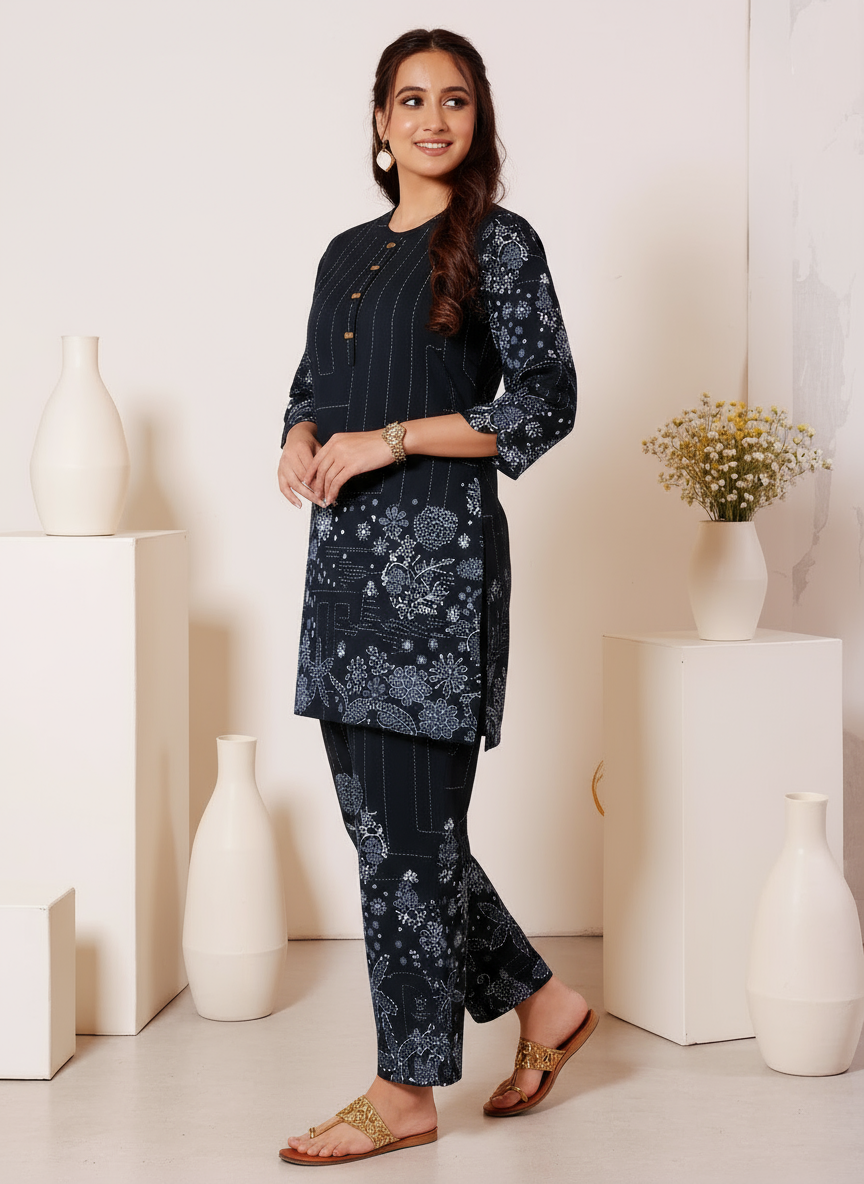 Soft Cotton Placement Print Straight Black Kurta