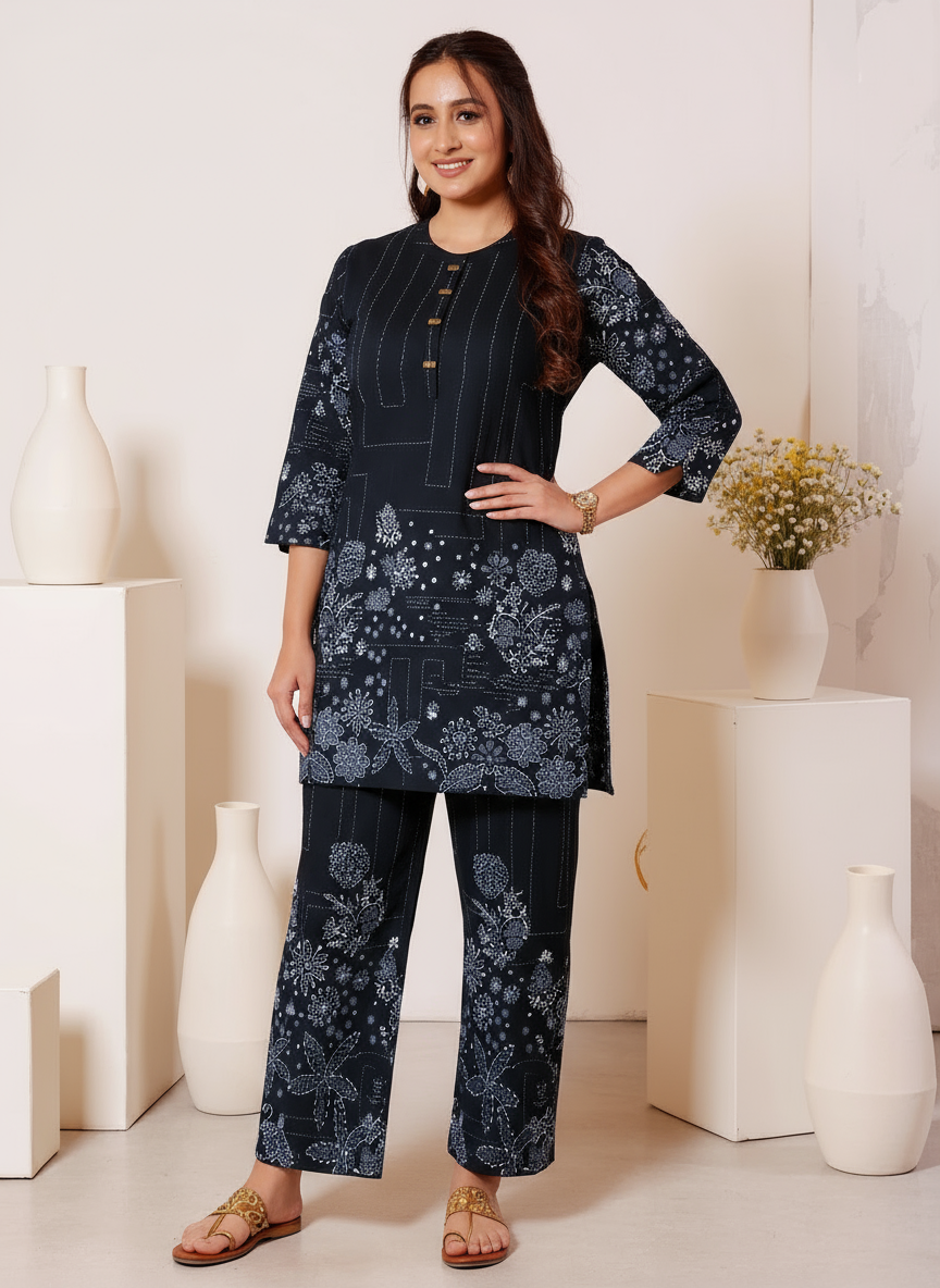 Soft Cotton Placement Print Straight Black Kurta