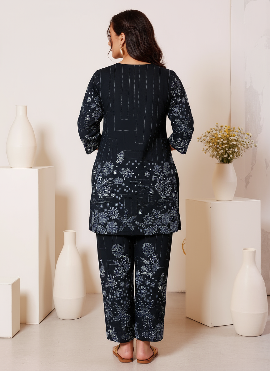 Soft Cotton Placement Print Straight Black Kurta