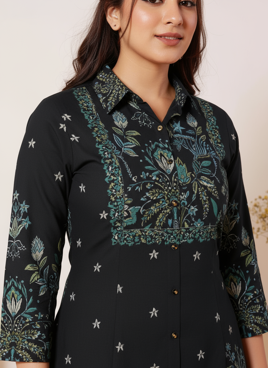 Soft Cotton Placement Print High Low Black Kurta