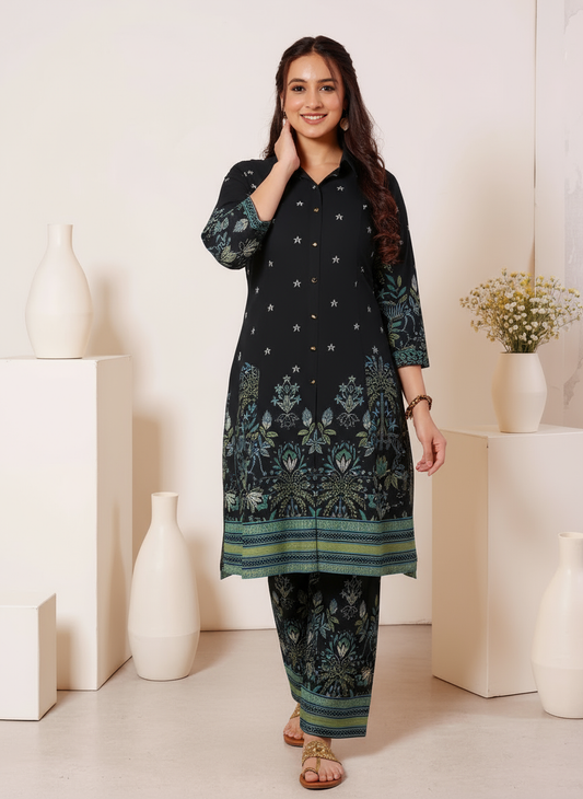 Soft Cotton Placement Print High Low Black Kurta