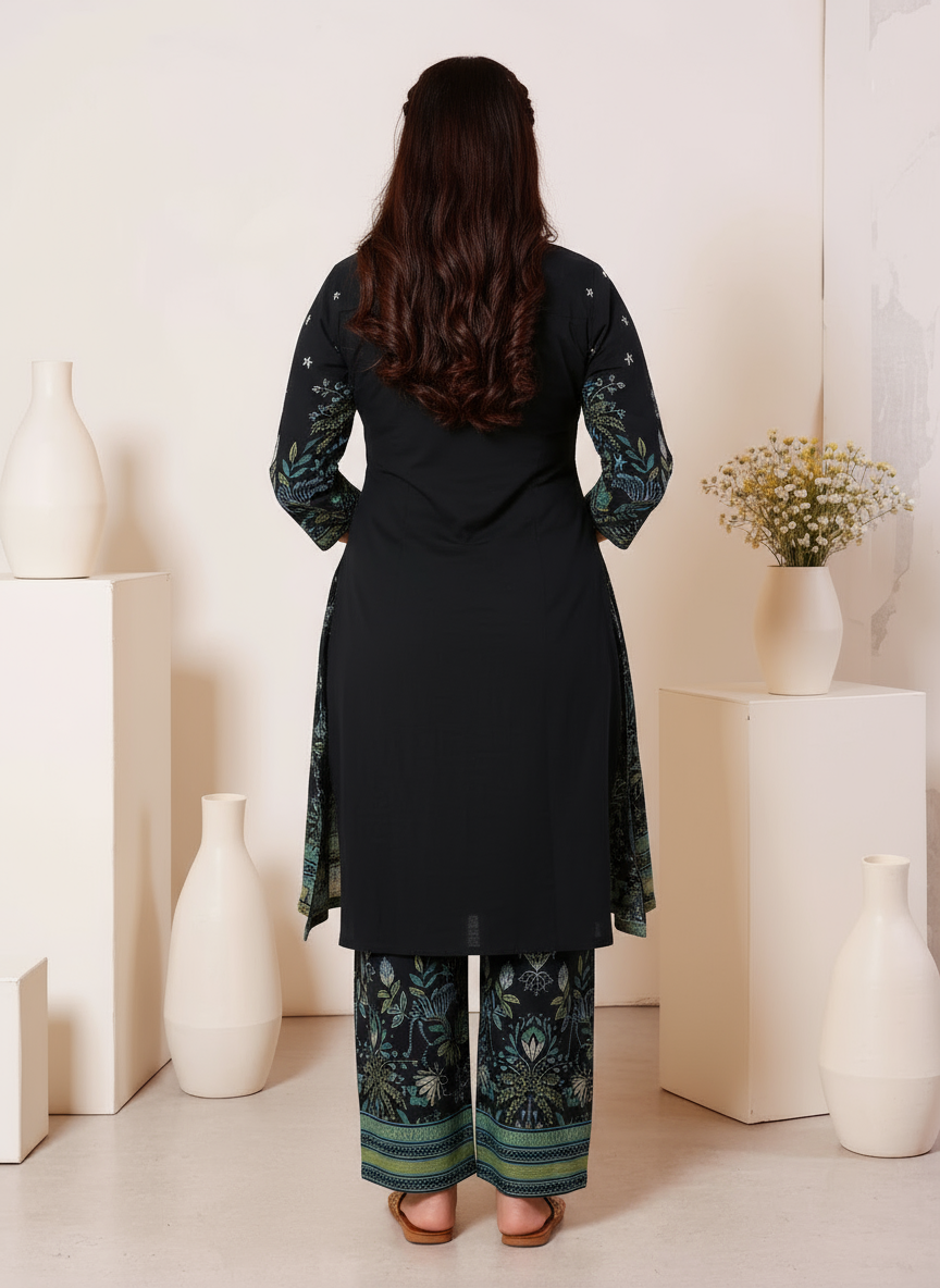 Soft Cotton Placement Print High Low Black Kurta