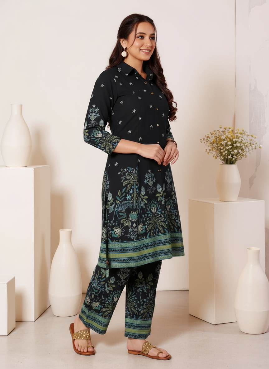Soft Cotton Placement Print High Low Black Kurta