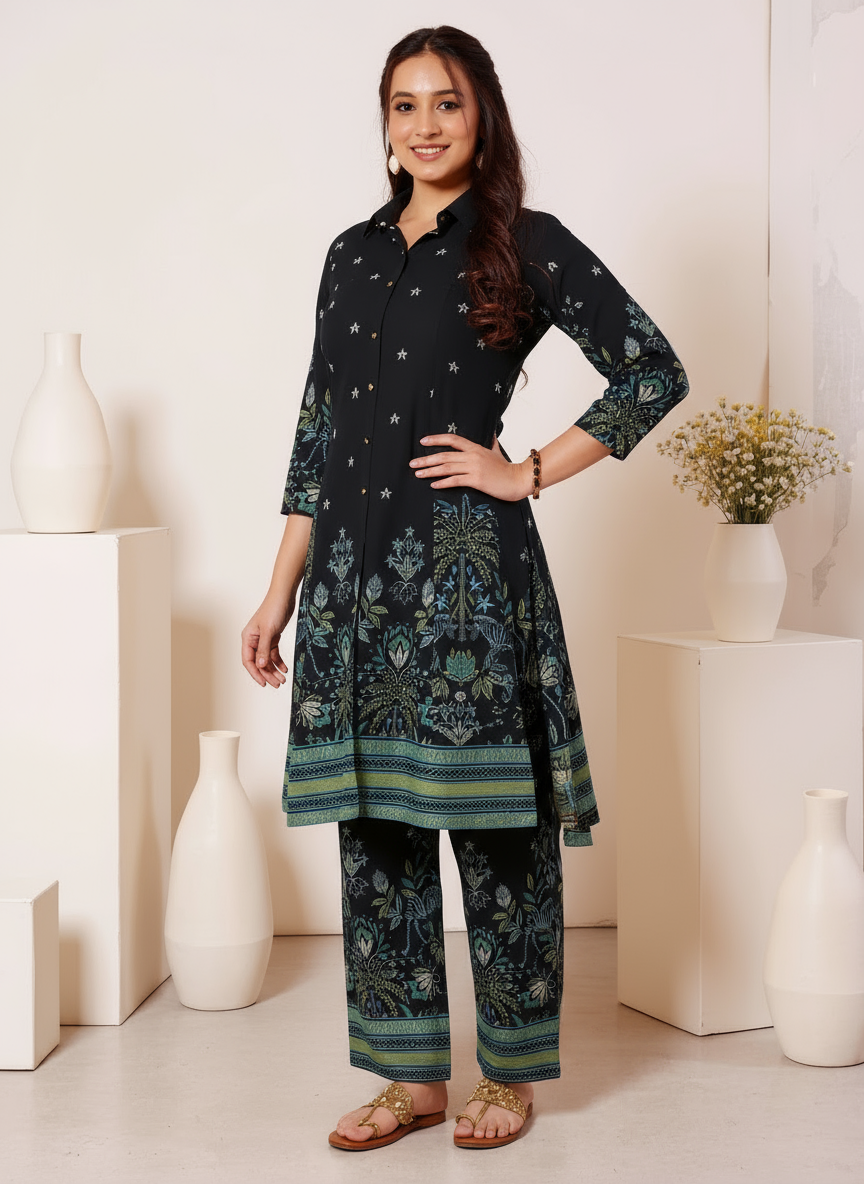 Soft Cotton Placement Print High Low Black Kurta