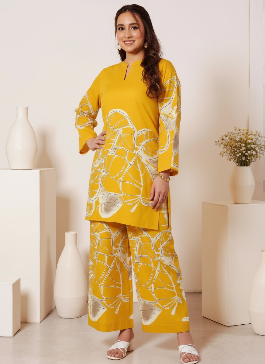 Soft Cotton Placement Print Straight Yellow Kurta