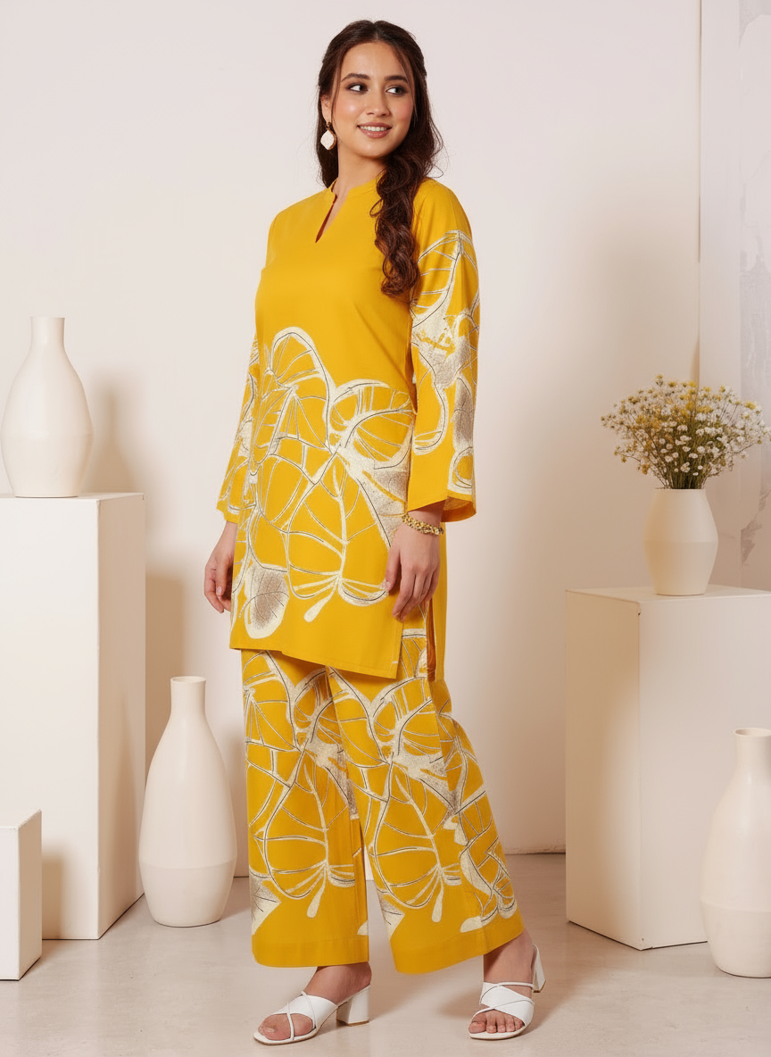 Soft Cotton Placement Print Straight Yellow Kurta